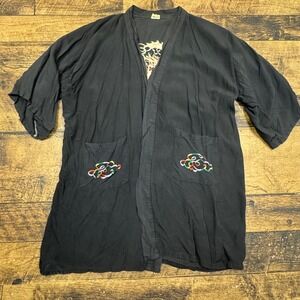 Vintage Dragon Embroidered Kimono‎ Robe Jacket Black Rayon XL